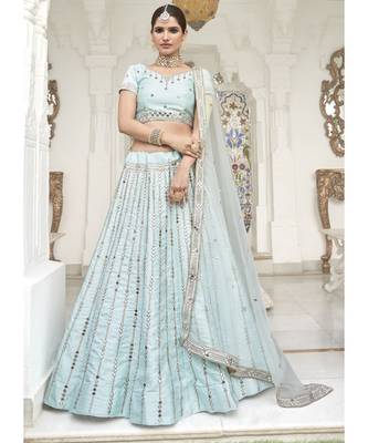 Ice Blue Mirror Work Wedding Lehenga Choli 1
