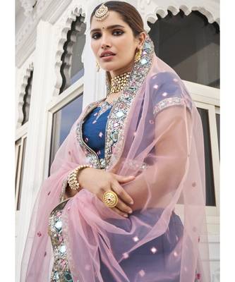 Blue And Pink Mirror Work Wedding Lehenga Choli 2