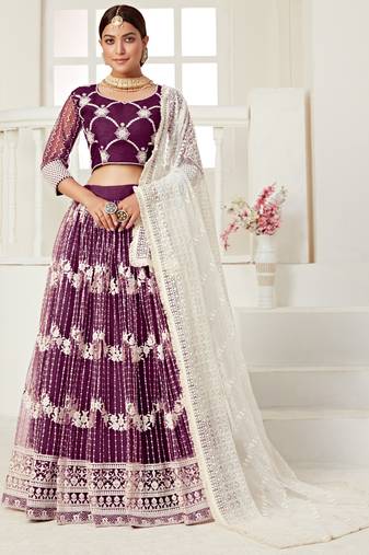 Delightful Wine colored thread with sequins embroidered Heavy Non-non Net fabric Party wear Lehenga choli