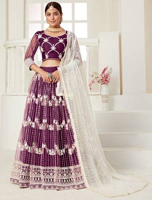  Wine Colored Thread With Sequins Embroidered Heavy Non-Non Net Party Wear Lehenga Choli 1