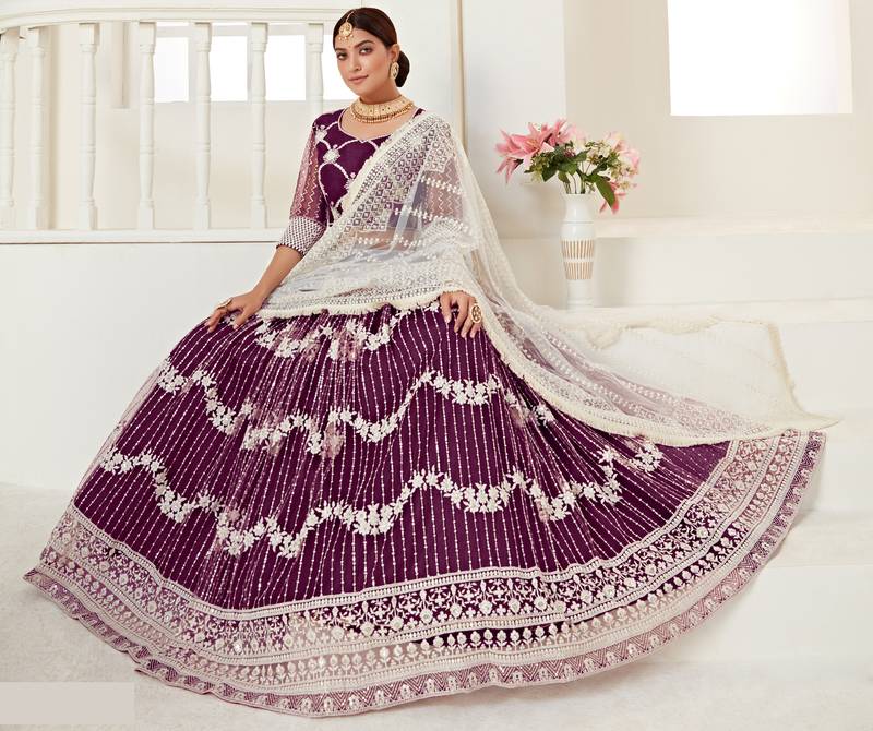 Wine Colored Thread With Sequins Embroidered Heavy Non-Non Net Party Wear Lehenga Choli