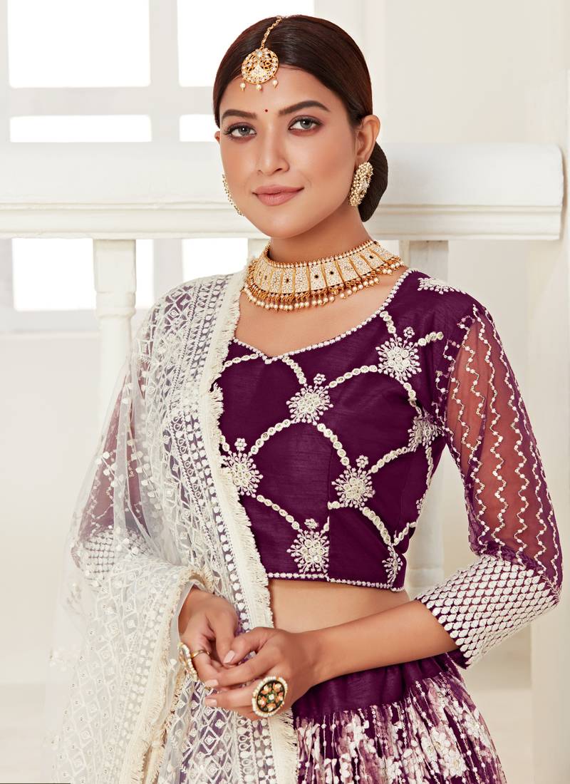  Wine Colored Thread With Sequins Embroidered Heavy Non-Non Net Party Wear Lehenga Choli