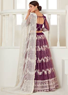  Wine Colored Thread With Sequins Embroidered Heavy Non-Non Net Party Wear Lehenga Choli 4