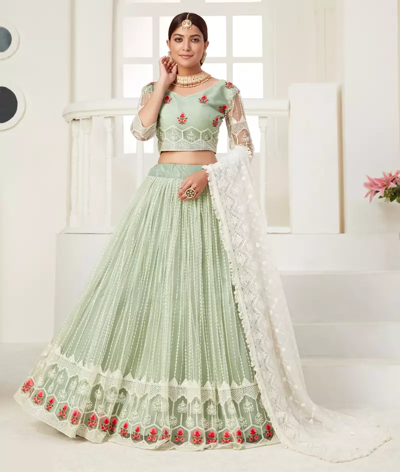 Pista Green thread of cotton with sequins embroidery Heavy Non-non Net With Art Silk Inner Semi Stitched lehenga choli