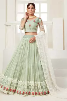Pista Green thread of cotton with sequins embroidery Heavy Non-non Net With Art Silk Inner Semi Stitched lehenga choli