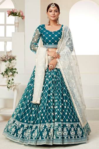 Graceful Teal Green colored thread with sequins embroidered Heavy Non-non Net fabric Lehenga designs