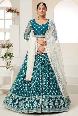  Teal Green Colored Thread With Sequins Embroidered Heavy Non-Non Net Lehenga Designs 1