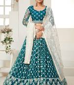  Teal Green Colored Thread With Sequins Embroidered Heavy Non-Non Net Lehenga Designs