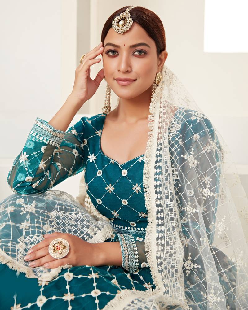  Teal Green Colored Thread With Sequins Embroidered Heavy Non-Non Net Lehenga Designs