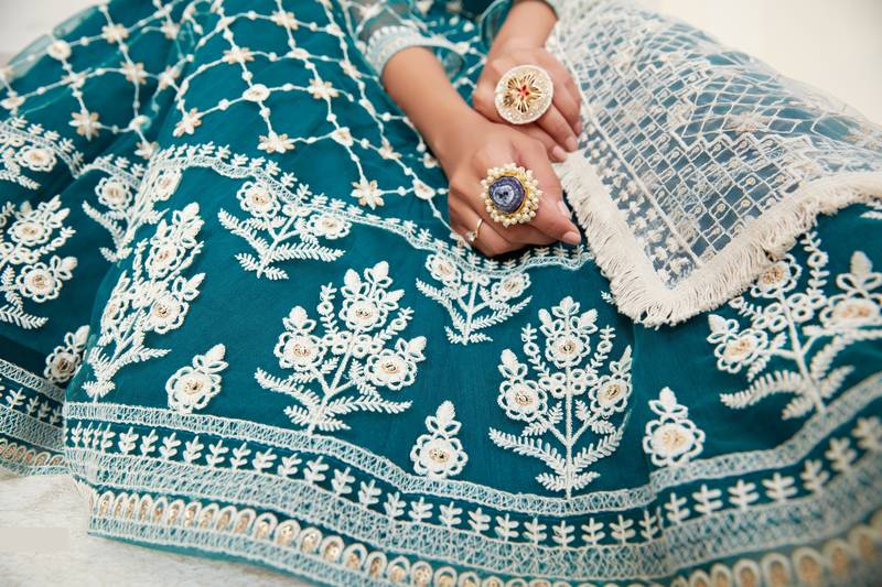  Teal Green Colored Thread With Sequins Embroidered Heavy Non-Non Net Lehenga Designs