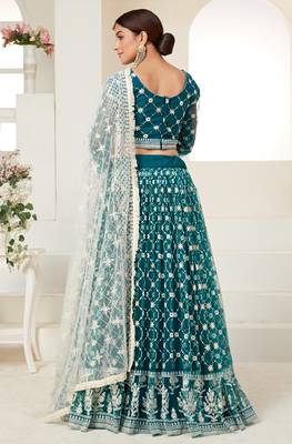  Teal Green Colored Thread With Sequins Embroidered Heavy Non-Non Net Lehenga Designs 4