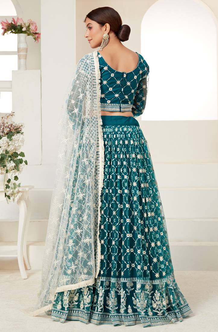  Teal Green Colored Thread With Sequins Embroidered Heavy Non-Non Net Lehenga Designs