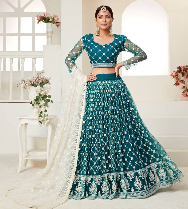  Teal Green Colored Thread With Sequins Embroidered Heavy Non-Non Net Lehenga Designs