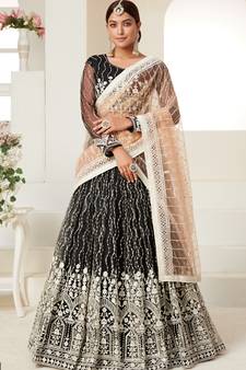 Black thread of cotton with sequins embroidery Heavy Non-non Net With Art Silk Inner Semi Stitched lehenga choli