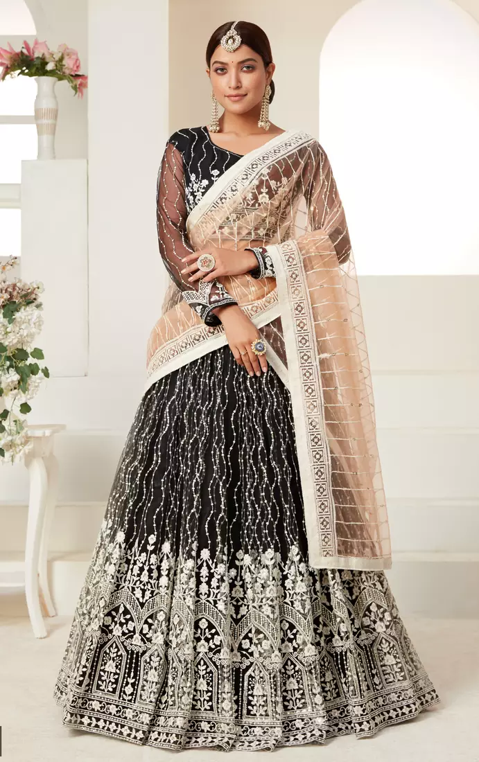 Black thread of cotton with sequins embroidery Heavy Non-non Net With Art Silk Inner Semi Stitched lehenga choli