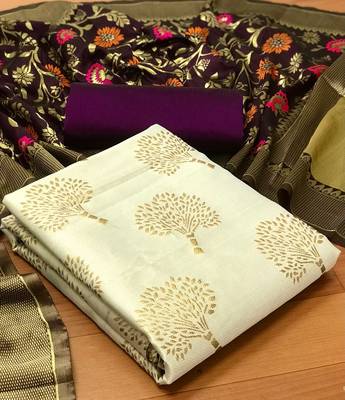 VredeVogel Cream Banarasi silk Unstitched dress material 1