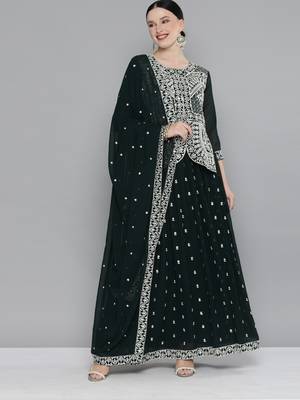 Green Embroidered & Sequins Work Ready Made Lehenga With Blouse & Dupatta 1