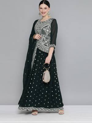 Green Embroidered & Sequins Work Ready Made Lehenga With Blouse & Dupatta 2