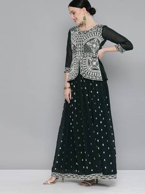 Green Embroidered & Sequins Work Ready Made Lehenga With Blouse & Dupatta 3