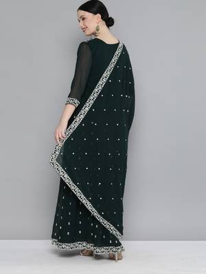 Green Embroidered & Sequins Work Ready Made Lehenga With Blouse & Dupatta 4