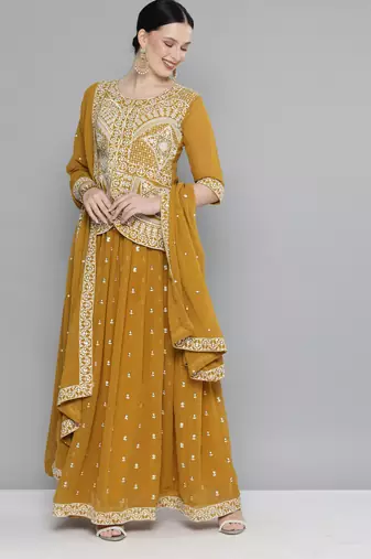 Mustard Embroidered & Sequins Work Ready Made Lehenga With Blouse & Dupatta