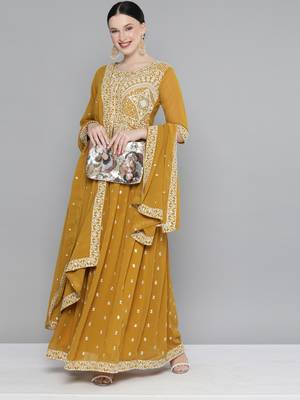 Mustard Embroidered & Sequins Work Ready Made Lehenga With Blouse & Dupatta 2