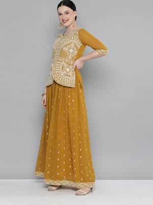 Mustard Embroidered & Sequins Work Ready Made Lehenga With Blouse & Dupatta 3