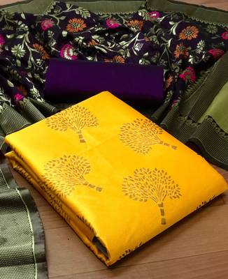 VredeVogel Yellow Banarasi silk Unstitched dress material 1