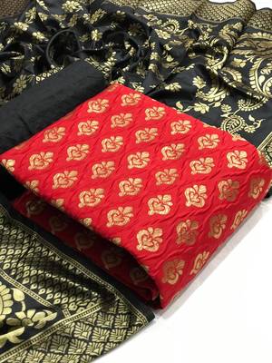 VredeVogel Red Banarasi silk Unstitched dress material 1