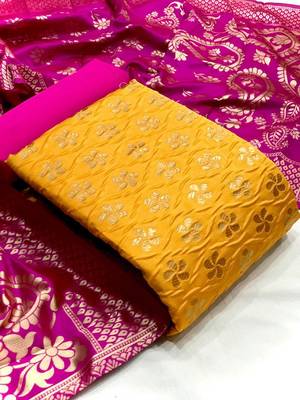 VredeVogel Yellow Banarasi silk Unstitched dress material 1