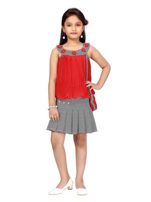 Red plain georgette girls-top-bottom 1