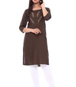 Brown embroidered rayon kurtas-and-kurtis