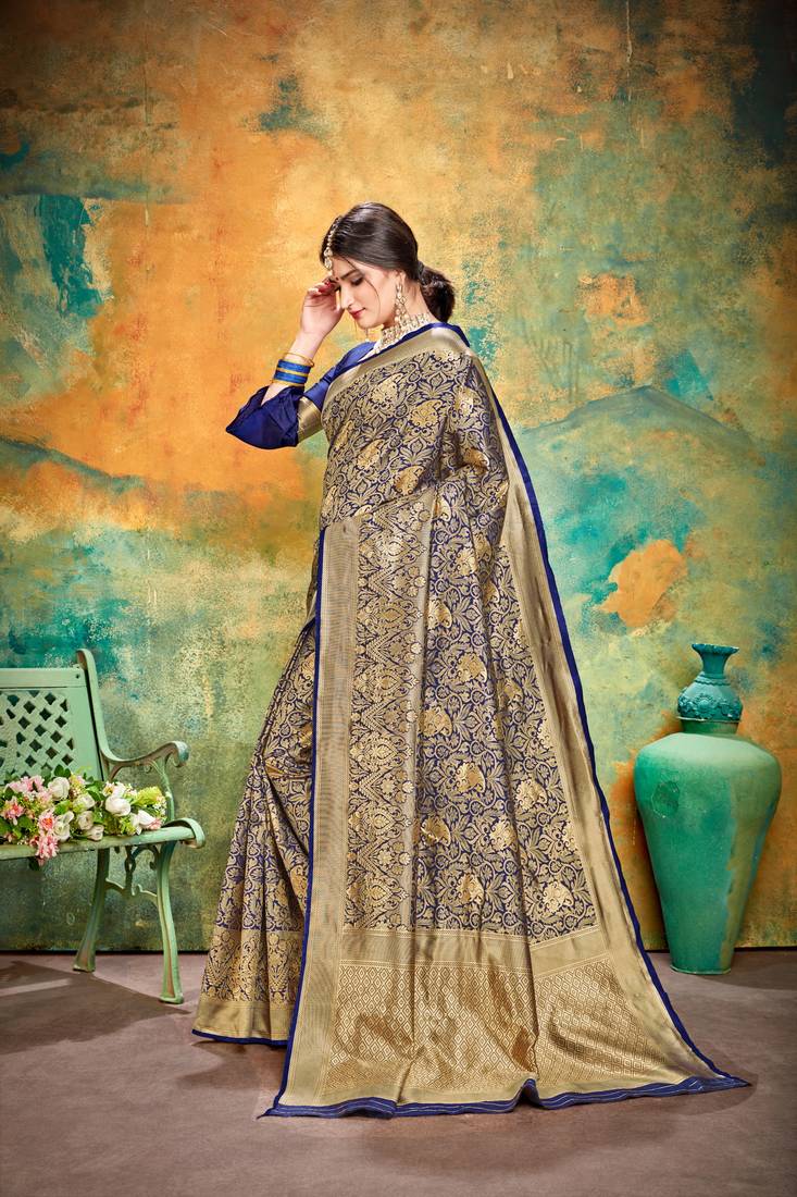 NAVY BLUE RICH art silk saree AND HEAVY RICH PALLU WITH BLOUSE