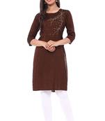 Brown embroidered rayon kurtas-and-kurtis