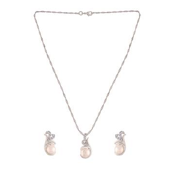 Rhodium Plated Glittering Cubic Zirconia Designer Chain Pendent Necklace with Pearl Drop Earring 4
