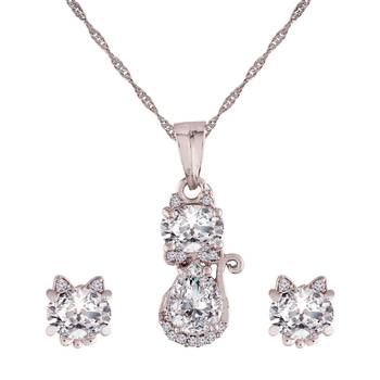 Rhodium Plated Glittering American Diamond CZ Zircon Chain Pendent Necklace Set 3