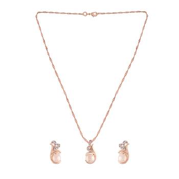 Rose Gold Plated Glittering Cubic Zirconia Designer Chain Pendent Necklace with Pearl Drop Earring 4