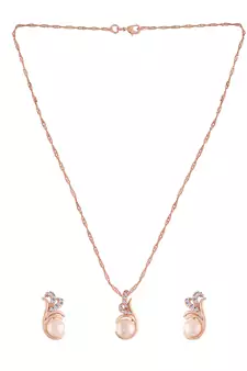 Rose Gold Plated Glittering Cubic Zirconia Designer Chain Pendent Necklace with Pearl Drop Earring
