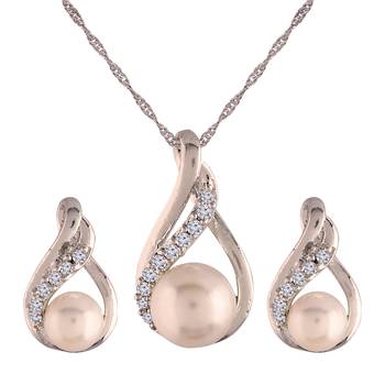 Glittering Cubic Zirconia Designer Chain Pendent Necklace with Pearl Drop Earring 3