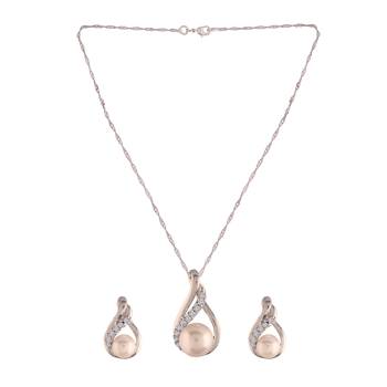 Glittering Cubic Zirconia Designer Chain Pendent Necklace with Pearl Drop Earring 4