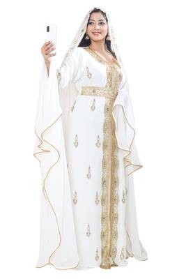 White color Islamic Dubai Moroccan Kaftan Arabic Abaya Hand Beaded Caftan Wedding Stylish Jalabiya Women Dress 2