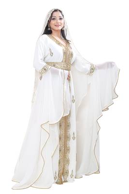 White color Islamic Dubai Moroccan Kaftan Arabic Abaya Hand Beaded Caftan Wedding Stylish Jalabiya Women Dress 3