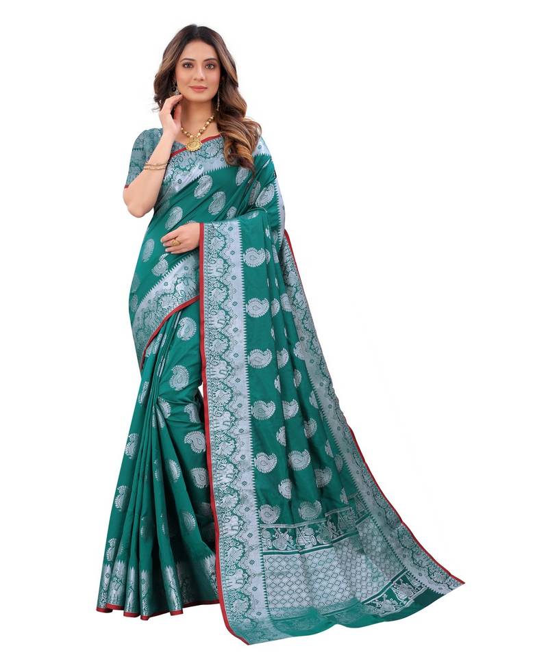 Designer green silk saree with blouse