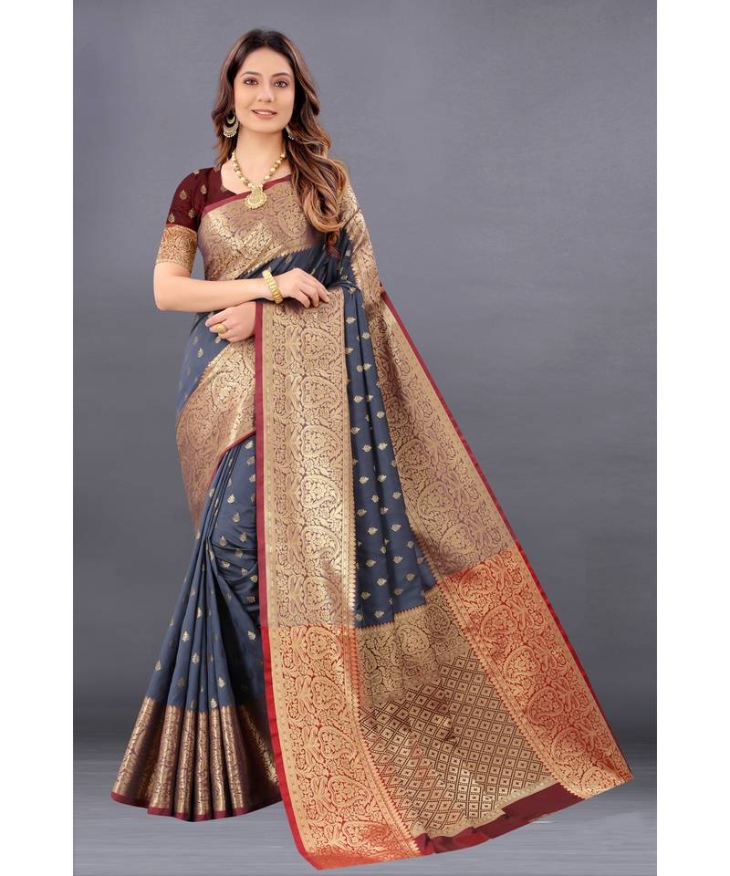 Designer grey silk saree with blouse