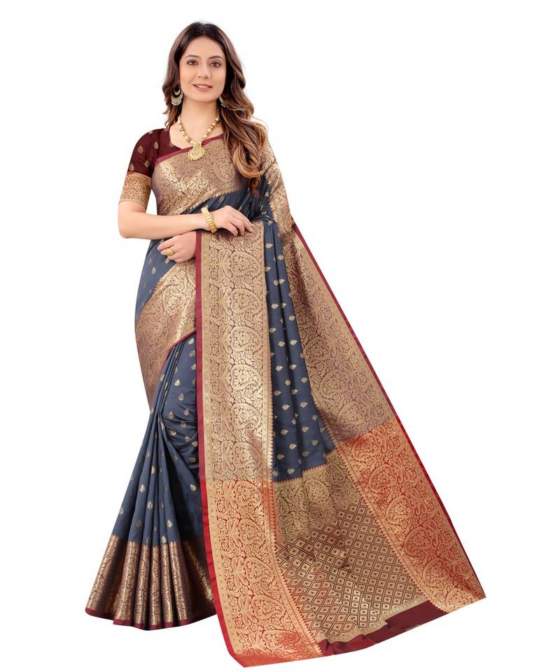 Designer grey silk saree with blouse