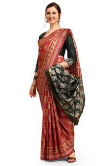 Dark pink printed cotton saree with blouse