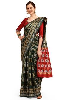 Green printed cotton saree with blouse