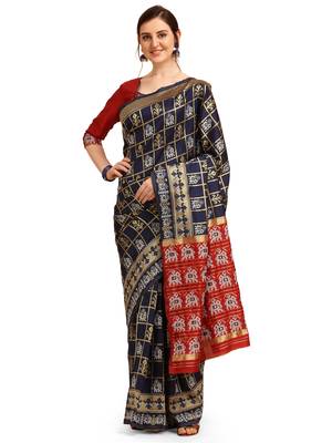 Blue printed cotton saree with blouse 1