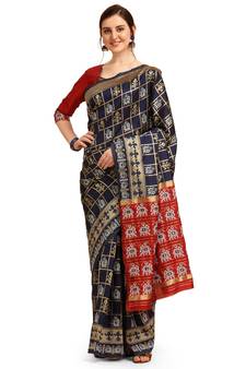 Blue printed cotton saree with blouse