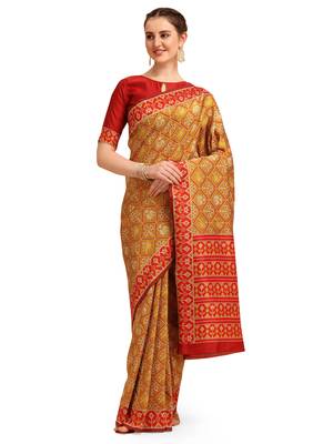 Yellow printed banarasi saree with blouse 1